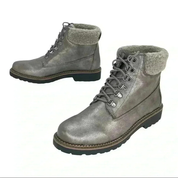 Size 8 - Esprit Candis Grey Faux Leather Faux Fur Trim Womens Ankle Boots - Picture 6 of 16